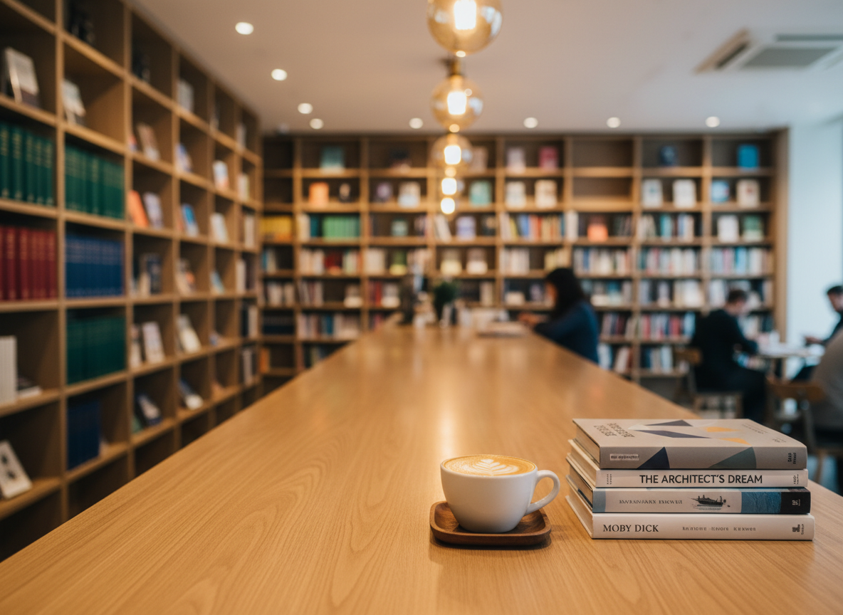 A long, inviting wooden counter inside a minimalist book-and-coffee bar stretches into the distance, its smooth, honey-toned surface reflecting warm pendant lighting from above. At the forefront, a single high-quality ceramic cappuccino cup with intricate latte art sits next to a neatly stacked pile of contemporary and classic literature paperbacks, each with clean, modern covers. Behind them, in soft focus, floor-to-ceiling shelves filled with a mix of cloth-bound classics and modern novels create a textured backdrop. The camera is positioned at counter height, using a shallow depth of field to keep the cup and books in sharp detail while blurring the rest. The photographic scene feels modern yet cozy, with a calm, welcoming atmosphere that invites lingering over both pages and perfectly crafted coffee.