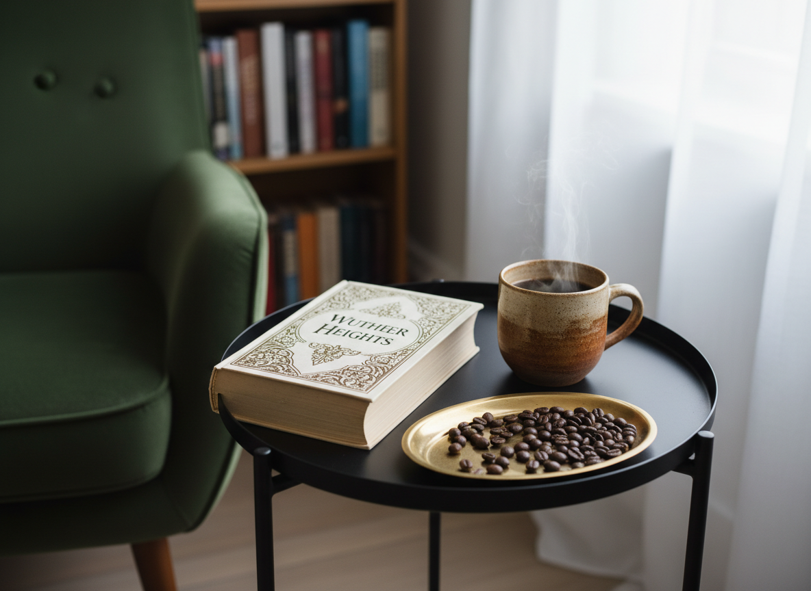 A close-up of a meticulously arranged reading nook shows a deep green velvet armchair partly visible beside a low, round, matte-black metal side table. On the table sits a thick, cream-colored paperback of classic literature with an ornate cover, a hand-thrown stoneware mug filled with rich South American coffee, and a small brass tray holding scattered coffee beans. Soft, diffused overcast light filters through sheer curtains, producing gentle, even illumination without harsh shadows. Shot from a slightly elevated, intimate angle, the focus rests sharply on the book title and textured mug, while the background melts into a soft blur of book-lined shelves. The photographic image feels serene, cozy, and intellectual, evoking a quiet afternoon spent wandering through pages and flavors.